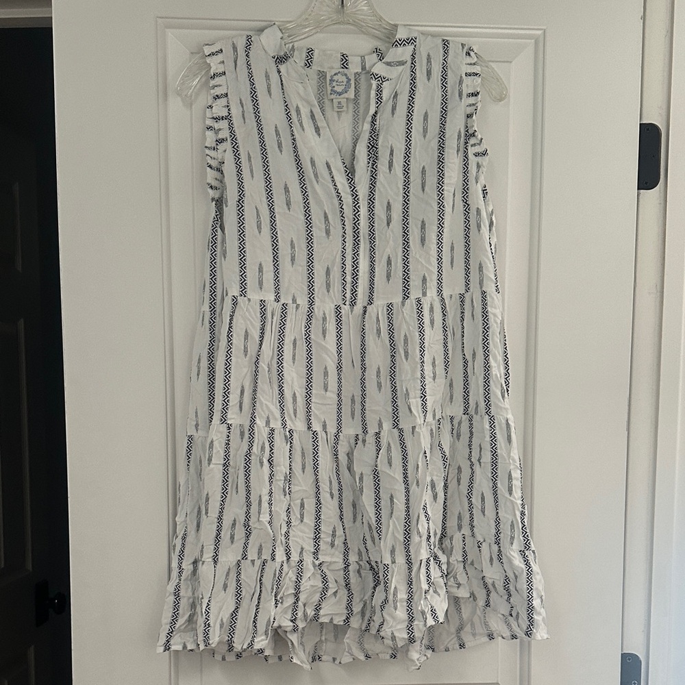 Blue Rain White Midi Dress with Navy Stripe Print